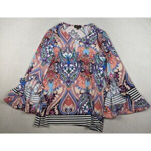 MELISSA PAIGE - WOMEN'S PRINT 3/4 RUFFLE BELL SLEEVE STRETCH KNIT TOP - SIZE L